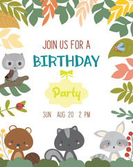 Wall Mural - Cute animal autumn theme birthday party invitation card vector illustration.