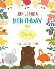 Wall Mural - Cute animal autumn theme birthday party invitation card vector illustration.