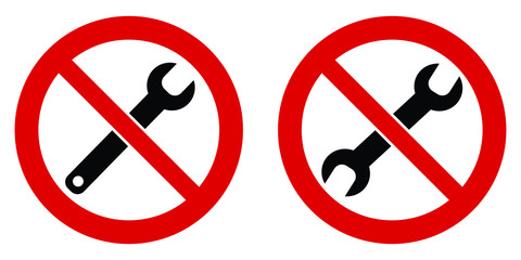 Wall Mural - No maintenance required / do not try to fix or repair symbol. Black wrench (spanner) symbol in red crossed circle. Both ends and open end version.