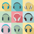 Headphones music listen speakers headset icons set. Flat illustration of 9 headphones music listen speakers headset vector icons for web