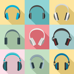 Poster - headphones music listen speakers headset icons set. flat illustration of 9 headphones music listen s