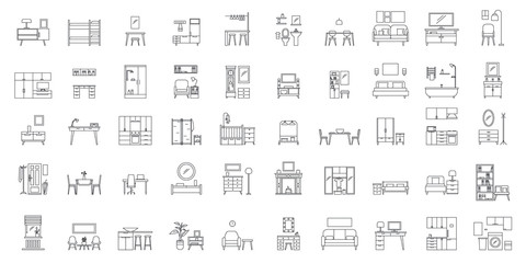 Poster - Interior room. Objects in house. Home inside furniture icons set. Outline illustration of 50 Interior room objects house inside furniture vector icons for web