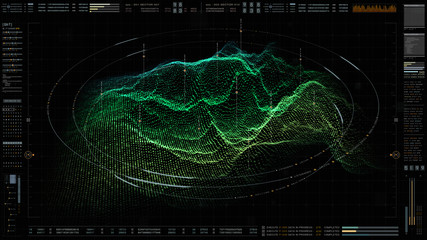 Poster - Futuristic military concept for head up display with holographic terrain, user interface readout, targeting and tracking enemy in digital cyber space background