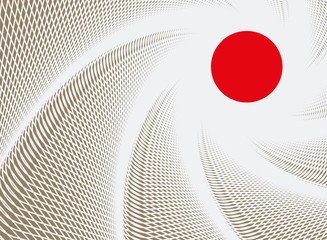 abstract graphic swirl around a red circle in gold and white