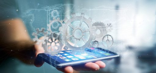Poster - Man holding a technology gear wheel interface3d rendering