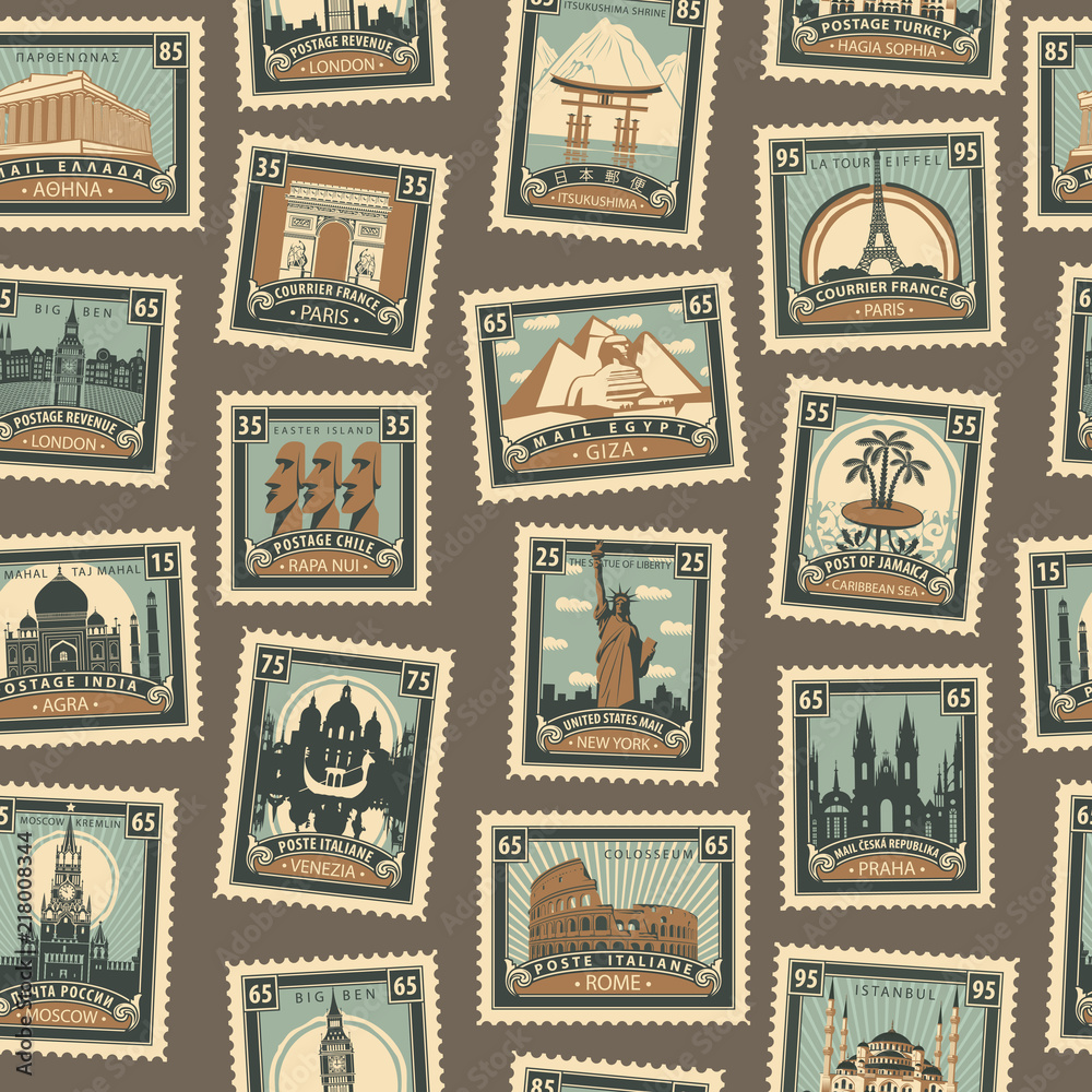 Retro Postage Seamless Background. Vector seamless pattern on the travel  theme from different countries with postmarks and stamps in retro style.  Can be used as wallpaper or wrapping paper Stock Vector
