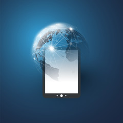 Poster - Cloud Computing Design Concept with Earth Globe and Tablet PC - Digital Network Connections, Technology Background, Vector Design