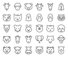 Cute Animal Face Included Farm, Forest And African Animals, Outline Design 