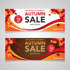 Autumn sale banner template with leaves, fall leaves for shopping sale. banner design. Poster, card, label, web banner. Vector illustration