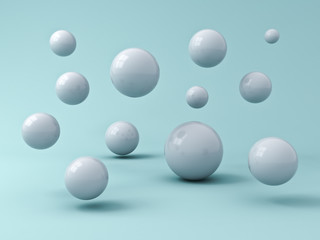Poster - Abstract white flying 3d spheres on cyan background with reflection and shadows 3D rendering