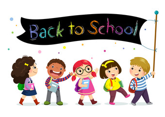 Wall Mural - School kids holding Back to School banner