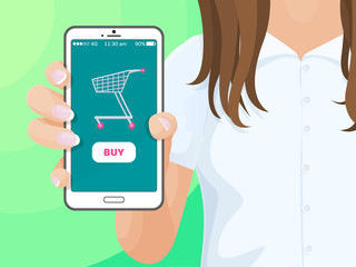 Poster - buy screen of smartphone, woman holds mobile phone