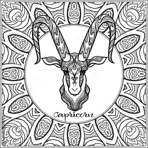Capricorn Goat Decorative Zodiac Sign On Pattern Background