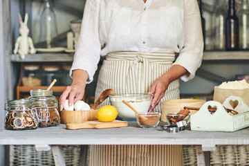 Wall Mural - Woman holding a bowl and mixing the ingredients for a Christmas gingerbread, in the rustic kitchen.