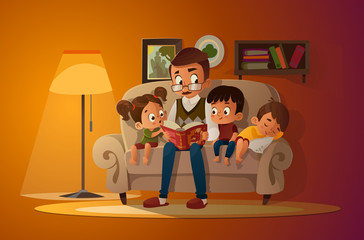 Wall Mural - Grandfather sitting with grandchildren on a cozy sofa with the book, reading and telling book fairy tale story. Boys and girl listen to him. Vector cartoon illustration. Cozy family evening.