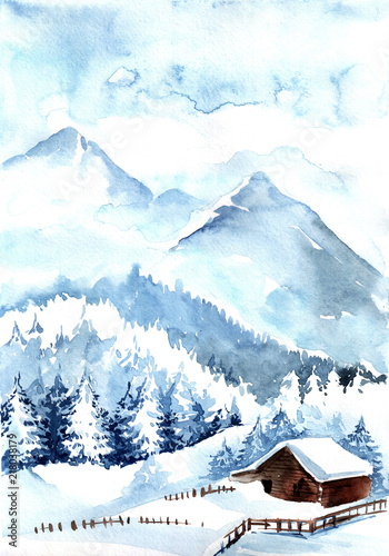 Obrazy Alpy  zimowy-krajobraz-oryginalny-obraz-akwarelowy-kartka-swiateczna-pokryte-sniegiem-gory-czerwony-dom-z-dekoracja-swiateczna
