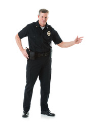 Wall Mural - Police: Cheerful Policeman Gestures To Side