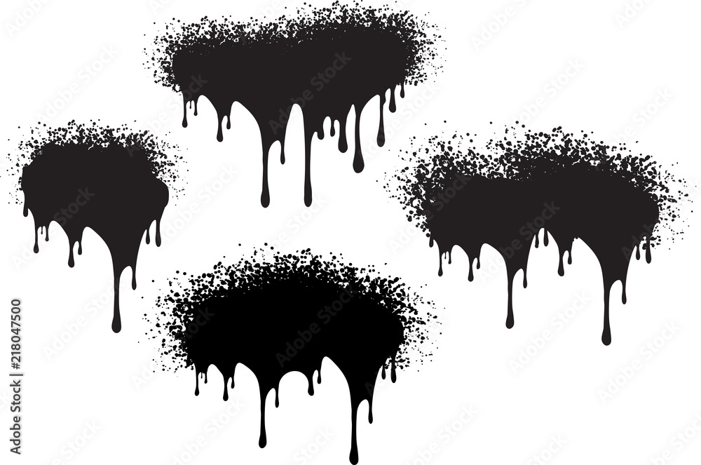 Set of 4 black grunge decors with paint drips with spray blobs. Vector illustration for your design. - obrazy, fototapety, plakaty 