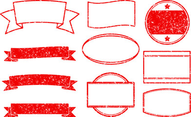 Fototapete - Big set of red grunge templates for round rubber stamps and ribbon banners.