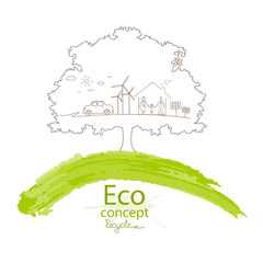 Environmentally friendly world. Creative drawing ecological concepts. Happy family stories. The concept of ecology, to save the planet. Vector illustration ecological concepts. Green tree. Handwriting