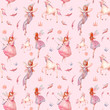 Watercolor fairytale seamless pattern. Hand painted pixie and unicorn repeating ornate on pastel pink background. Cartoon fairy girls with wings art