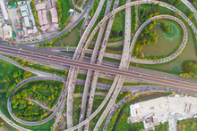 Aerial View Transport City Overpass Road With Vehicle Movement
