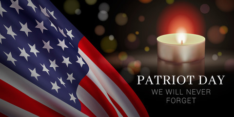 Vector banner template for Patriot Day: National Day of Prayer and Remembrance for 9/11 Victims. Features American flag, candle, and text on a dark blue background.