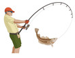 angling fishing, fisherman catching fish using fishing pole and lure, isolated on a white background