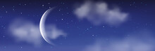 Vector Realistic Illustration Of Night Cloudscape. Moon, Stars, Clouds On Blue Sky. Romantic Landscape Background