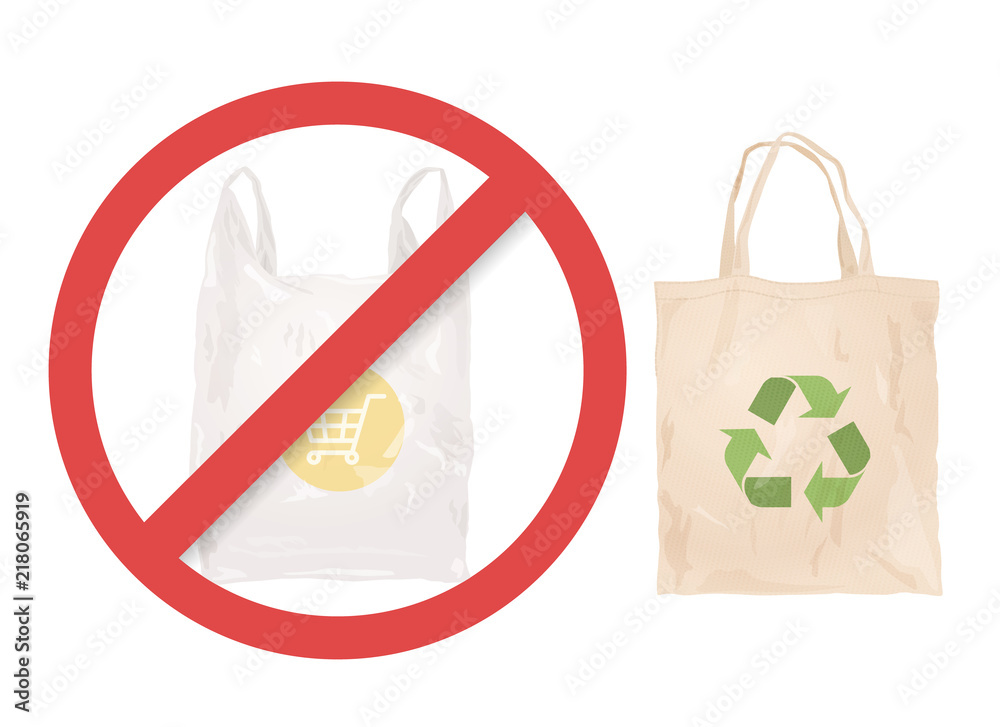 Reusable cloth bag instead of plastic bag. Shopping bags. Zero waste tips. Eco lifestile. Stop using plastic Stock Vector Adobe Stock