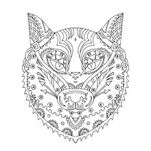 Wild Beautiful Wolf Head Hand Draw On A White Background. Color Book. Fashion Steam Punk Style In A Vector Illustration