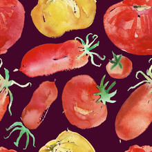 Tomato Seamless Pattern And Vegetable Background With A Natural Watercolor Illustration Of Tomatoes And Paper Textures.