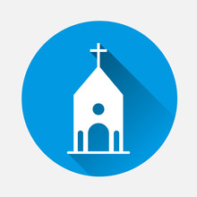 Church Building Icon On Blue Background. Flat Image Church Icon With Long Shadow. Layers Grouped For Easy Editing Illustration. For Your Design.