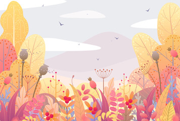 Wall Mural - Floral Border and Autumn Landscape