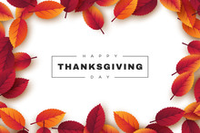 Happy Thanksgiving Holiday Design With Bright Autumn Leaves And Greeting Text. White Background. Vector Illustration.