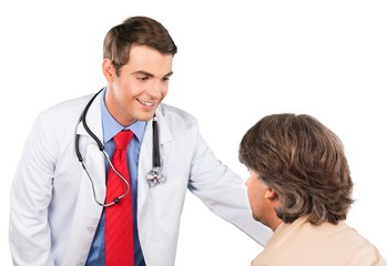 Wall Mural - Young male doctor with patient isolated on white background