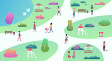 Top Map View Of Various People At Park Walking And Performing Leisure Outdoor Sport Activities. City Park With Lake Vector Illustration.