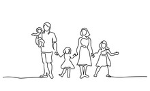 Continuous One Line Drawing. Happy Family Father And Mother With Three Children. Vector Illustration.