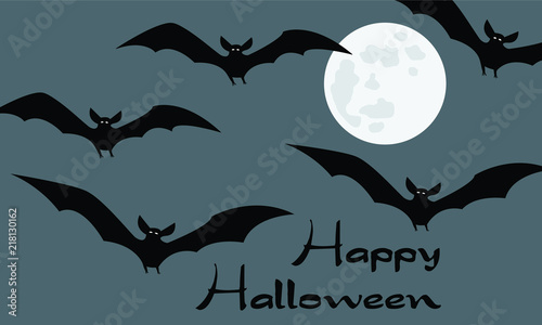 Happy Halloween Card With Scary Black And White Flying Vampire Bats Swarm Full Moon Gray Background And Calligraphy Simple Flat Cartoon Vector Illustration Buy This Stock Vector And Explore Similar Vectors