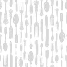Seamless Vintage Heirloom Silverware - Fork, Spoon, Knife - Vector Repeat Pattern In Subtle Gray On Light Background