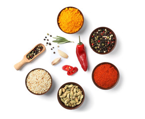 Sticker - Composition with different aromatic spices on white background, top view