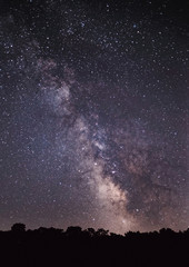milky way galaxy core in star filled night sky over forest with light dome on horizon
