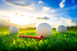 © lamyai - close up the golf ball and red tee pegs on the green background with sunset