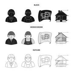 Wall Mural - Engineer-constructor, construction worker, site plan, technical drawing of the house. Architecture set collection icons in black,monochrome,outline style vector symbol stock illustration web.