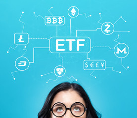 Cryptocurrency ETF theme with young woman on a blue background