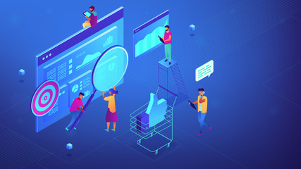 Poster - isometric specialists working on digital marketing strategy illustration. digital marketing, seo, di