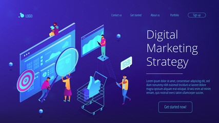Poster - isometric team of specialists working on digital marketing strategy landing page. digital marketing,