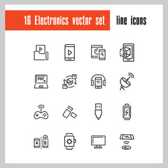 Poster - Electronics icons. Set of line icons. Mobile phone, data storage, satellite. Modern technology concept. Vector illustration can be used for topics like mobile service, apps, digital devices.