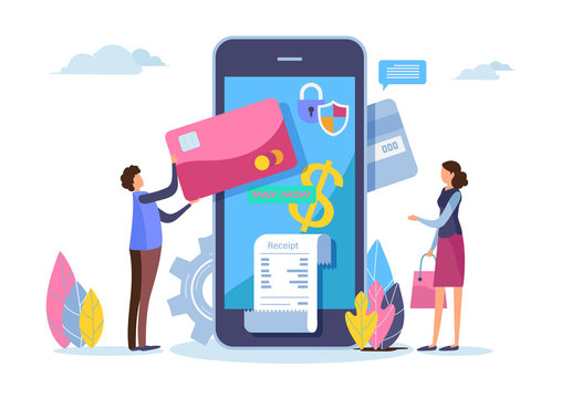 Shopping online. Digital payment with smartphone. Paid by credit card. Shopping on mobile. Flat cartoon miniature. Business illustration vector graphic on white background.