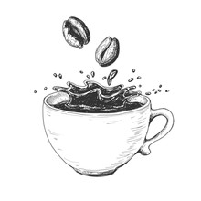 Hand Drawn Ink Art, Coffee Cup With Splash Liquid And Beans. Etching Vintage Drink Illustration Isolated On White Background. Vector Drawing.